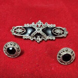 Marcasite & Black Enamel Silver Tone Metal Brooch Art Deco Pin & Earrings 1928